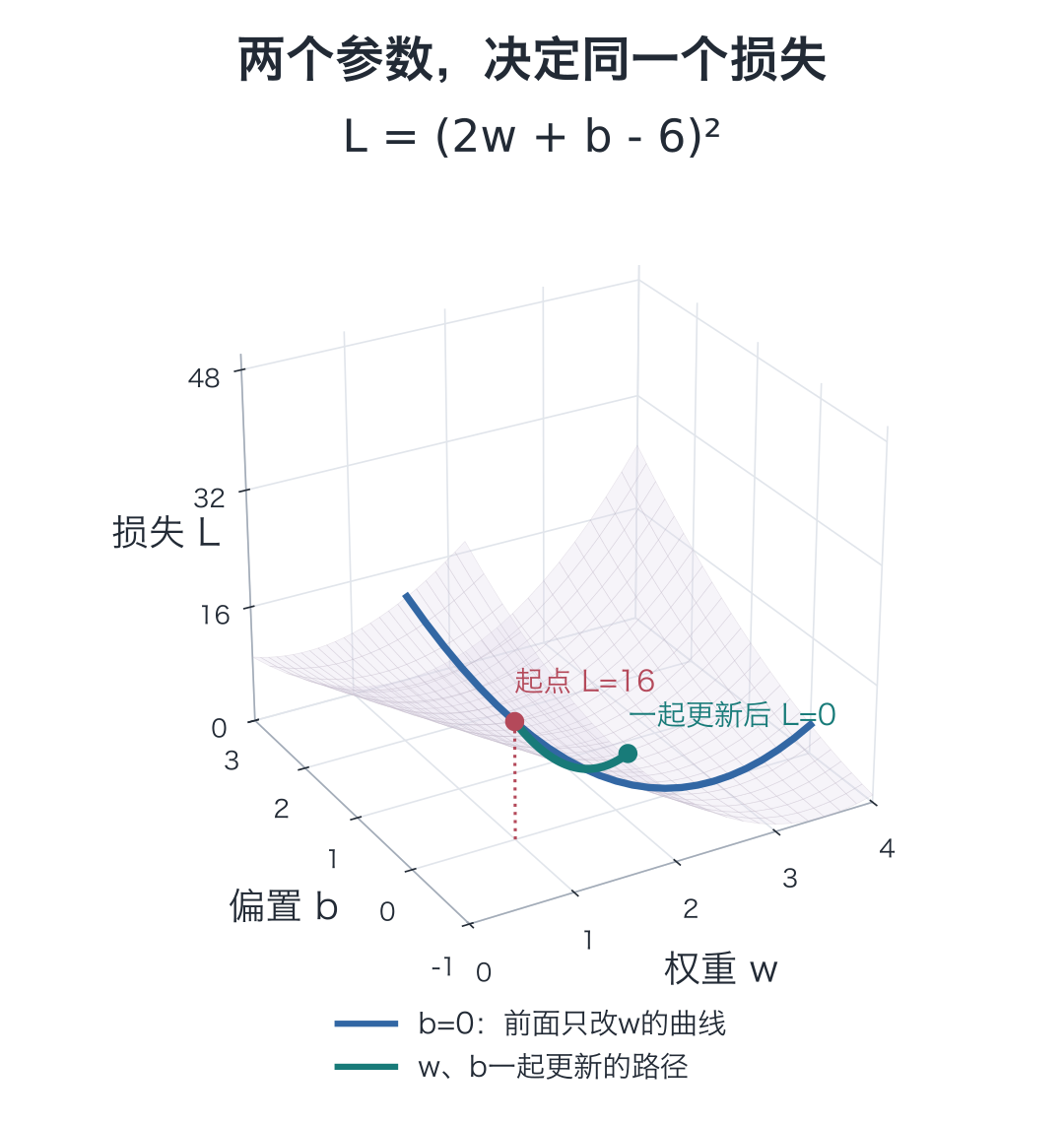 权重w、偏置b和平方损失L的三维曲面