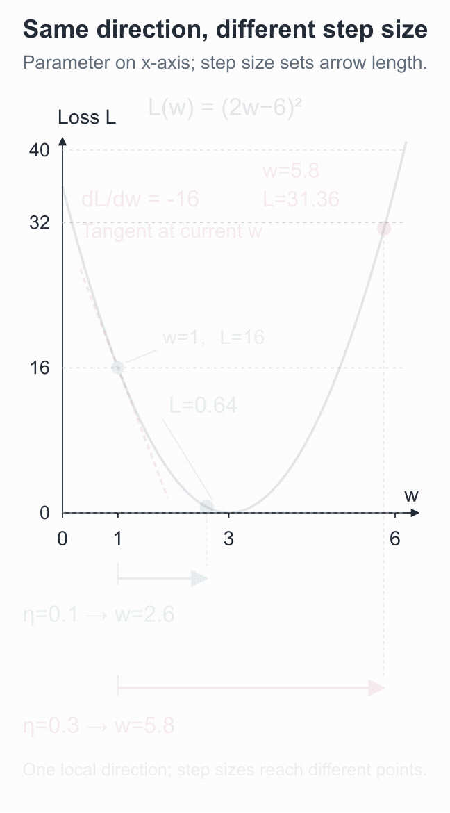 The local rate of change, update distance, and resulting loss on the loss curve