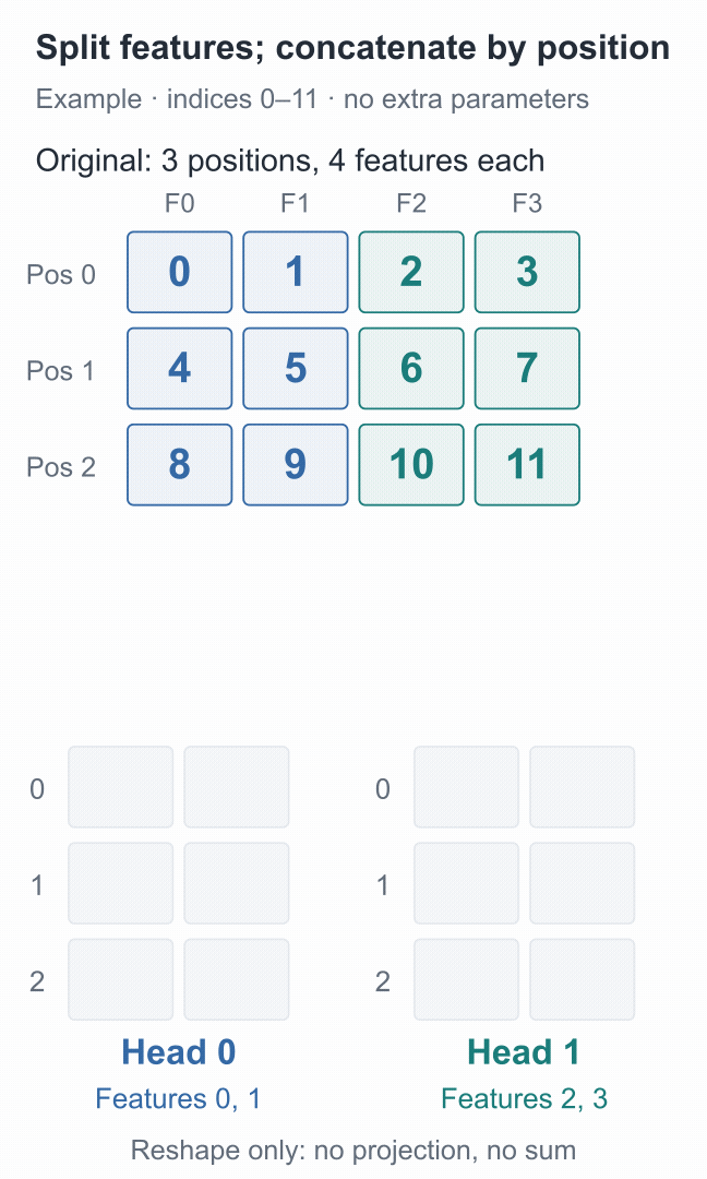 Cells labeled 0 through 11 split along the feature axis into two heads, each retaining all three positions, then merge back by position without changing their values